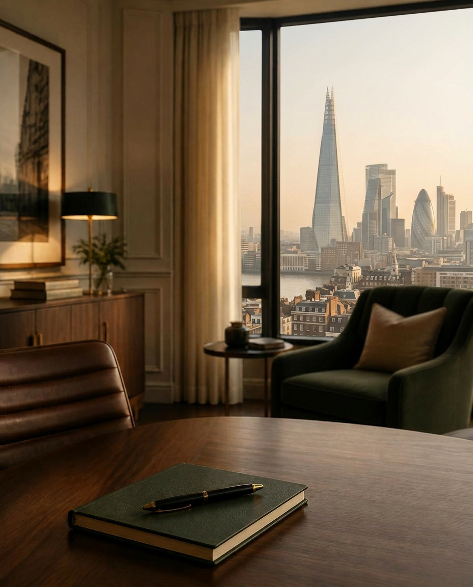 Warm morning light in a quiet advisory room, with a notebook and pen on a walnut table and a view of the London skyline beyond the window.